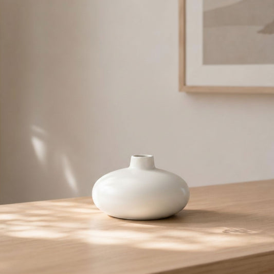 Luxury round ceramic flower vase in minimalist modern design held in hand against vibrant pink background for premium home décor and office styling.