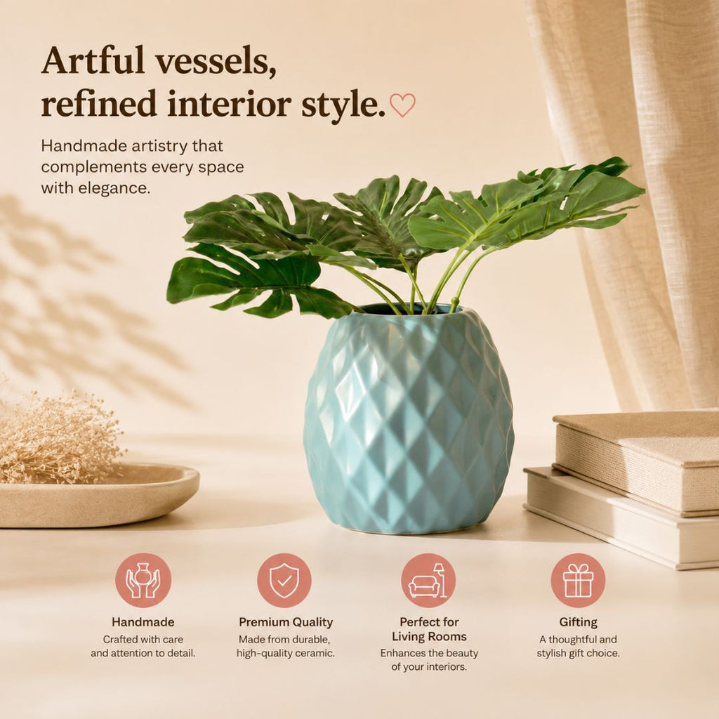Teal ceramic vase with plant on a table, surrounded by books and a plate, with text about artful vessels and refined interior style.