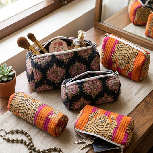 Dark Blue Print Handmade Cotton Pouch Set of 3