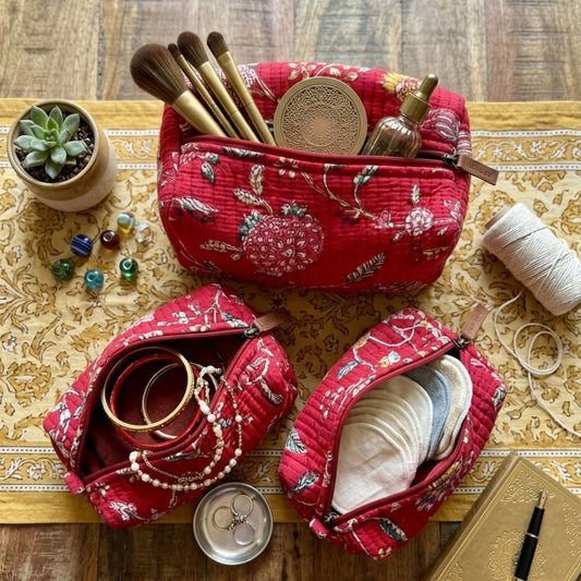 Pomegranate Print Handmade Cotton Pouch Set of 3