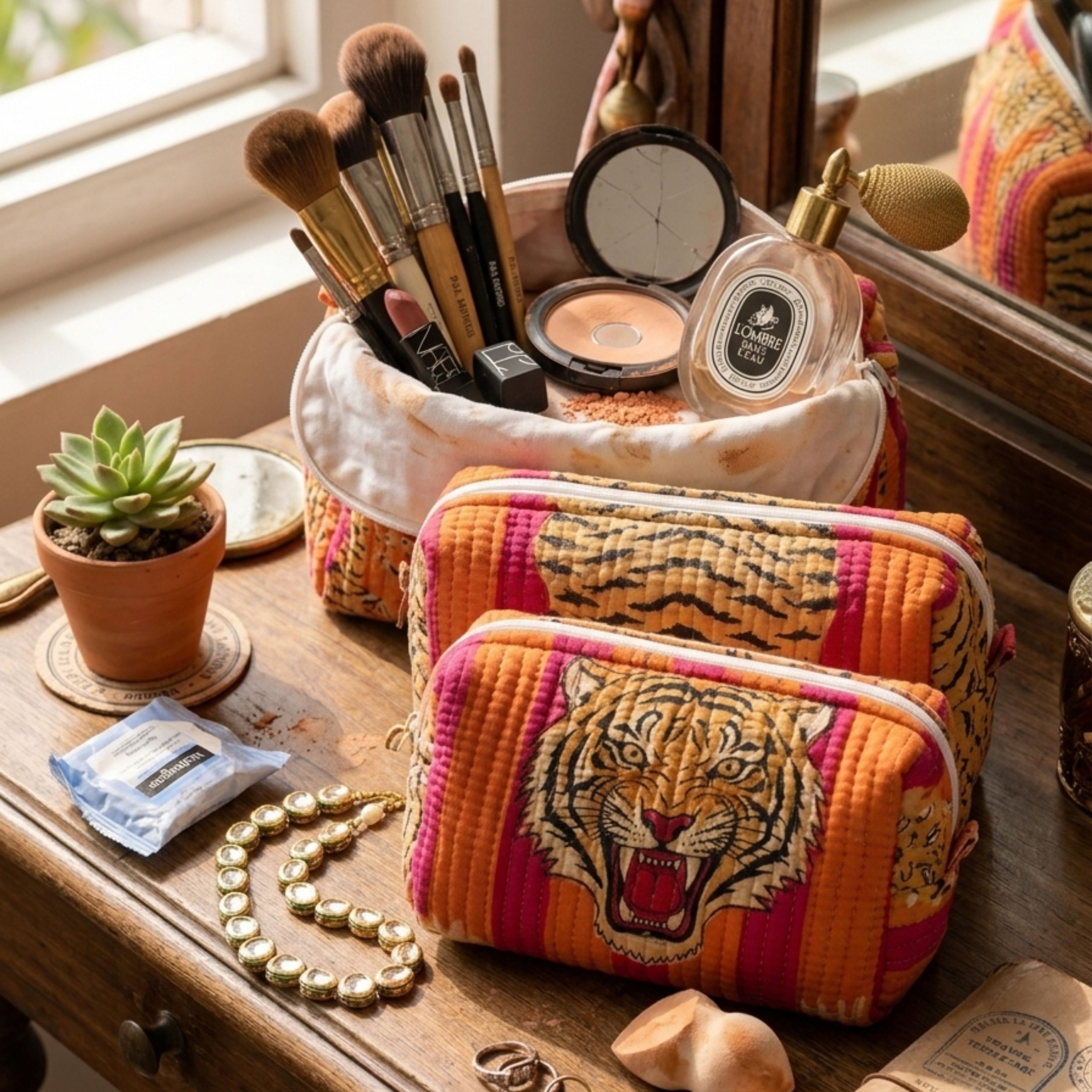 Tiger Print Handmade Cotton Pouch Set of 3