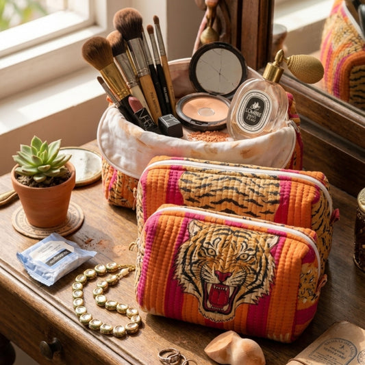 Tiger Print Handmade Cotton Pouch Set of 3