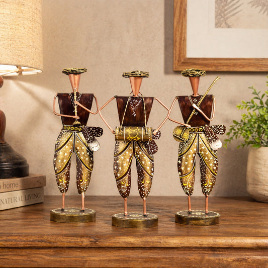Handcrafted Rajasthani metal musician figurine for home decor, traditional Indian handicraft showpiece for living room decoration