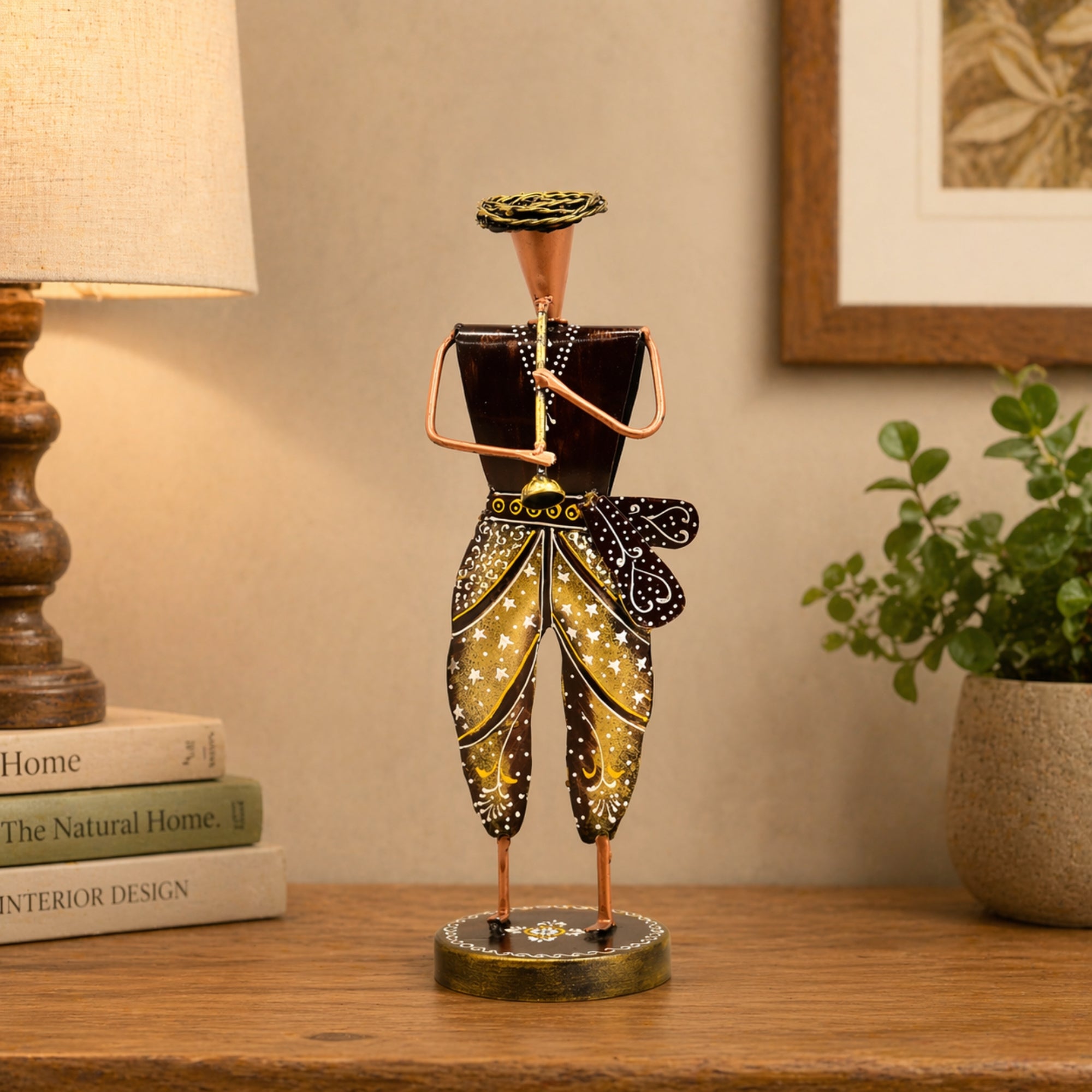 Handcrafted Rajasthani metal musician figurine for home decor, traditional Indian handicraft showpiece for living room decoration