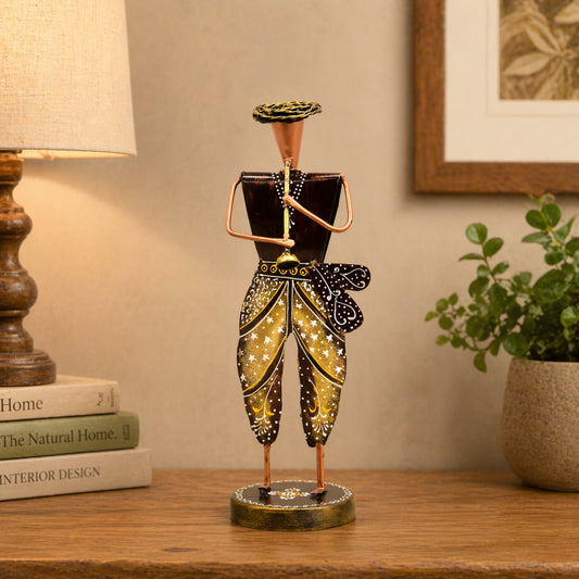 Handcrafted Rajasthani metal musician figurine for home decor, traditional Indian handicraft showpiece for living room decoration