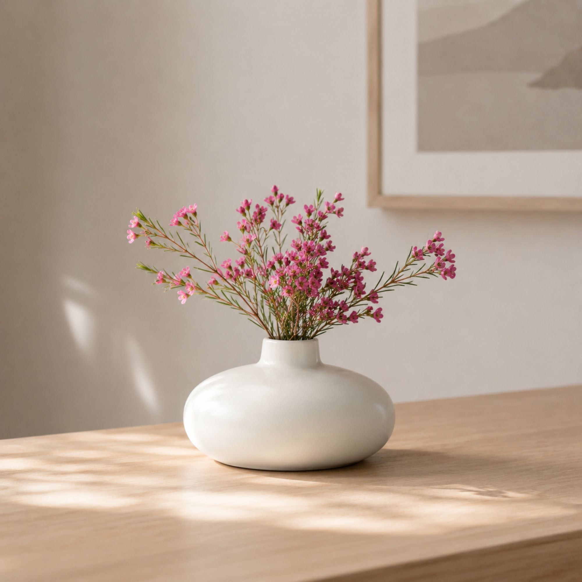 Luxury round ceramic flower vase in minimalist modern design held in hand against vibrant pink background for premium home décor and office styling.