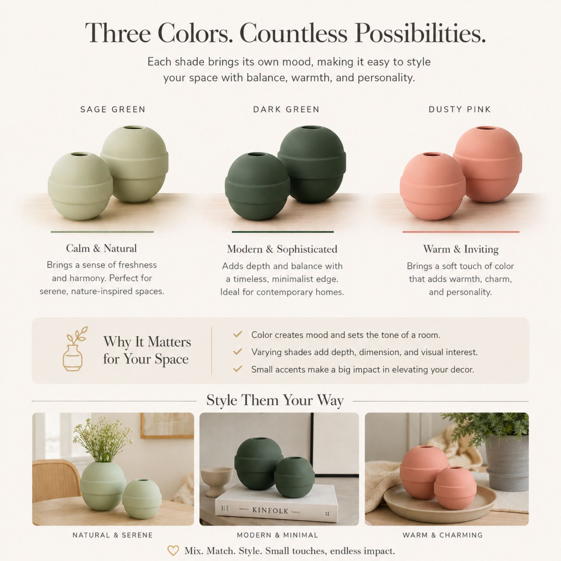 Three vases in sage green, dark green, and dusty pink with color description and usage tips.