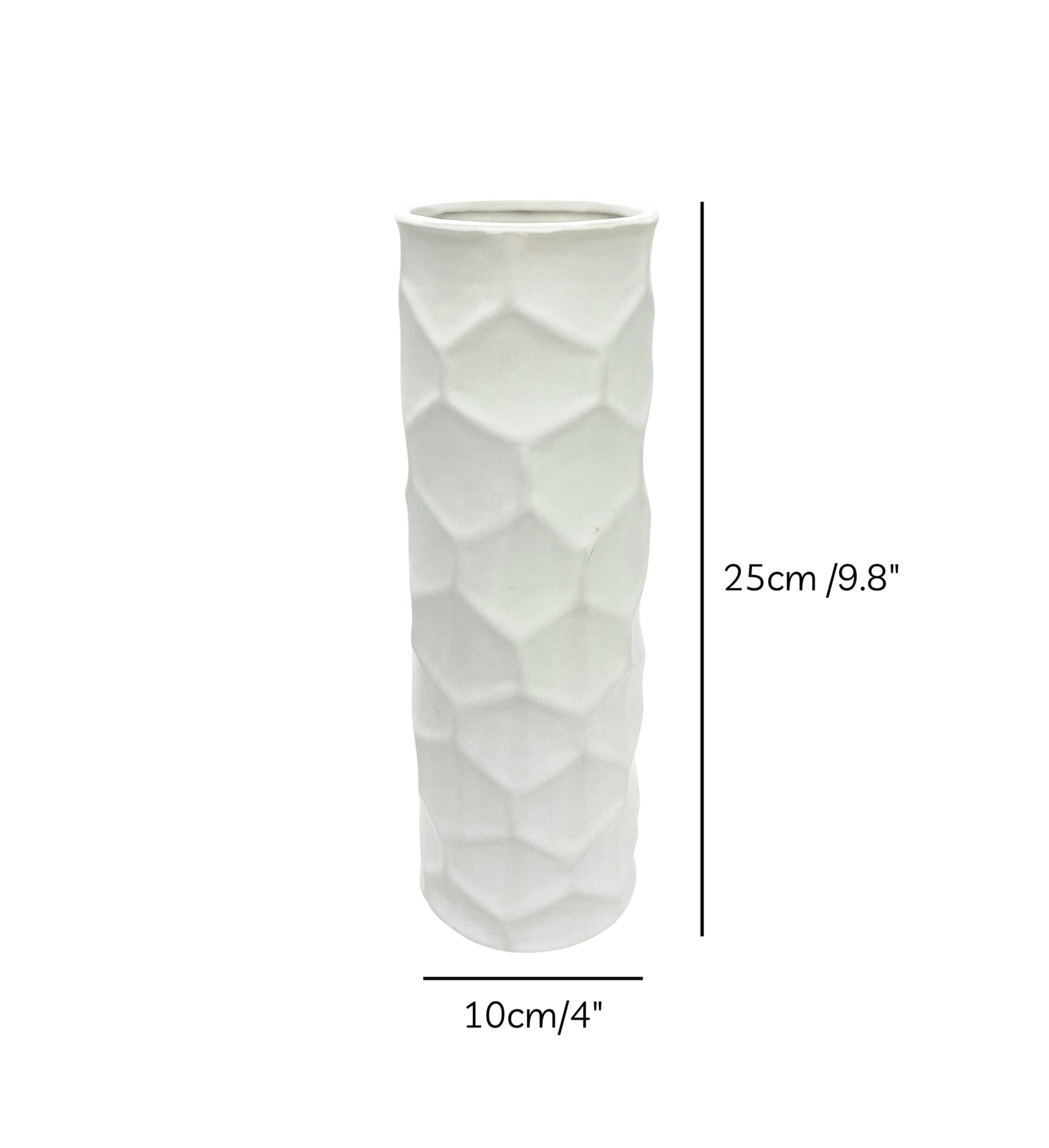 Luxury beige honeycomb ceramic flower vase with white flowers styled on a wooden console table in a modern minimalist living room interior.