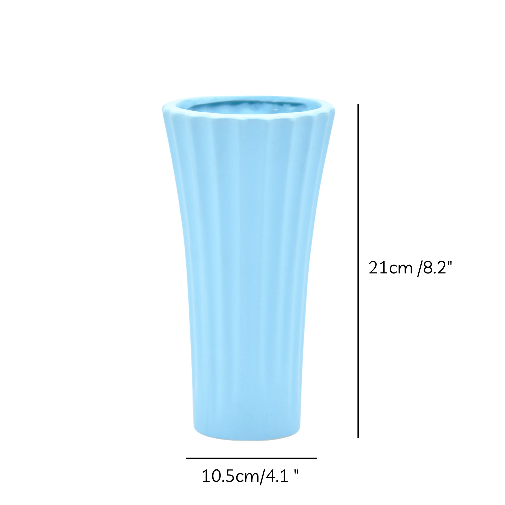 Sky blue ribbed ceramic flower vase with yellow flowers for modern luxury home décor and contemporary interior styling in India